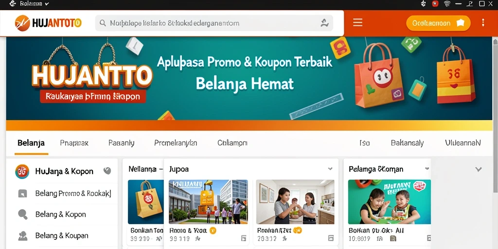 Antarmuka aplikasi HUJANTOTO menampilkan berbagai kupon dan promo menarik.